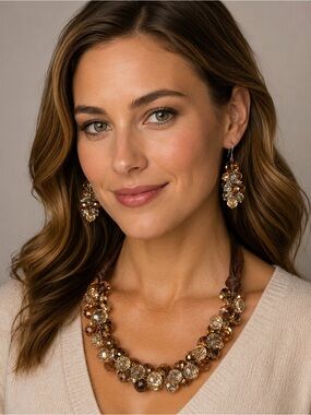 Ali-Khan New York Brown Crystal Cluster Bib Statement Necklace & Earrings Set